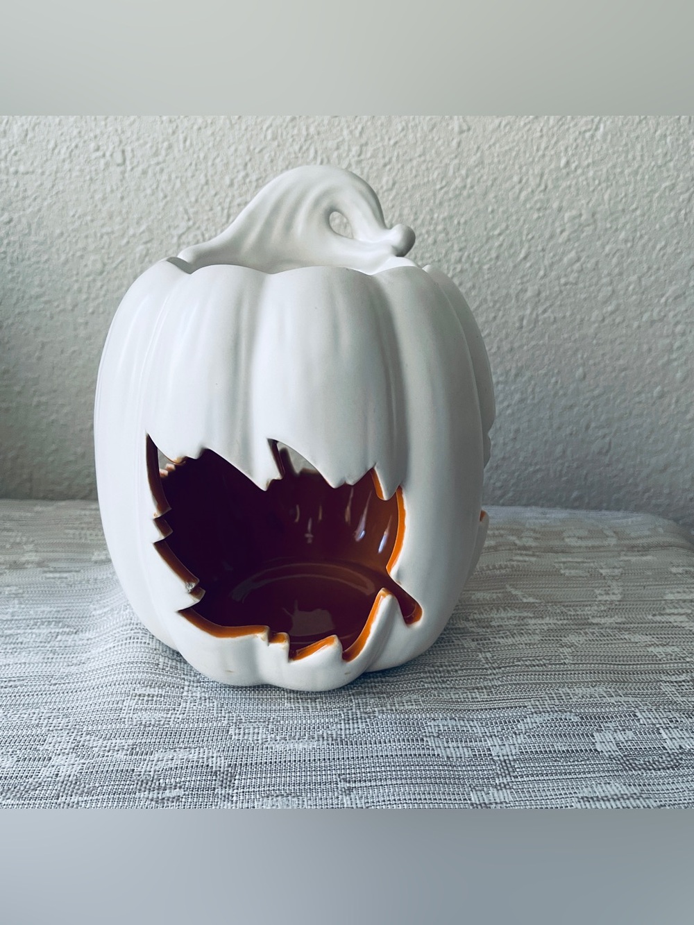 PartyLite White Ceramic Pumpkin Lantern with Orange Interior Leaf Cutout